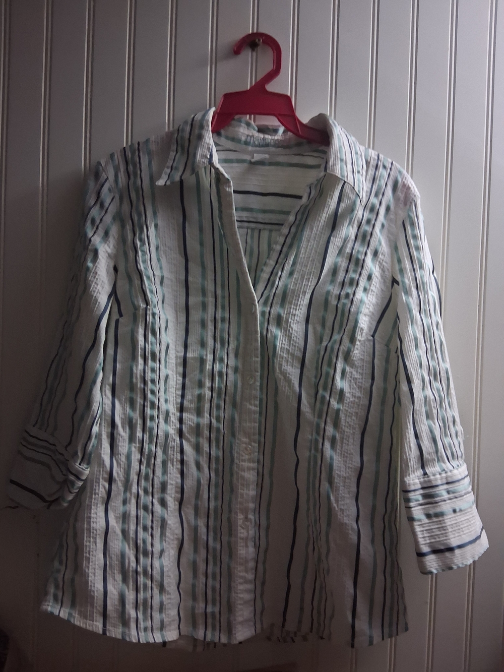 Maurices White Shirt with Navy & Mint Stripes